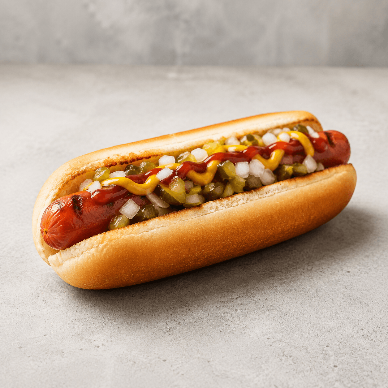 Hotdog con mostaza, catsup, cebolla y pepinillos